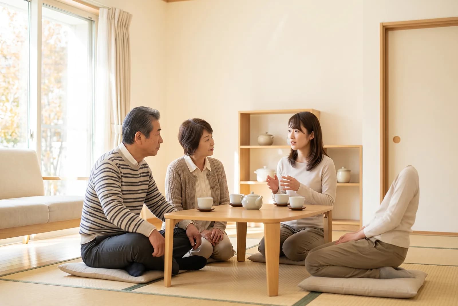家族が居間で向かい合って話し合っている様子