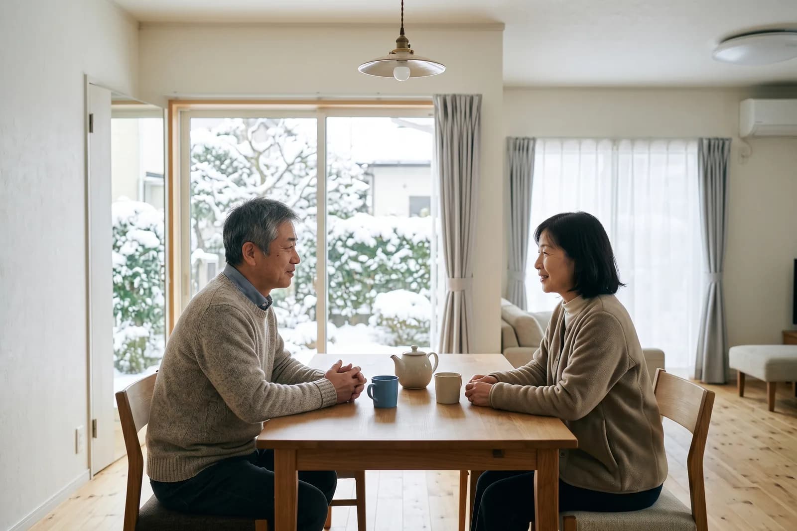 夫婦がテーブルを囲んで頷き合っている様子