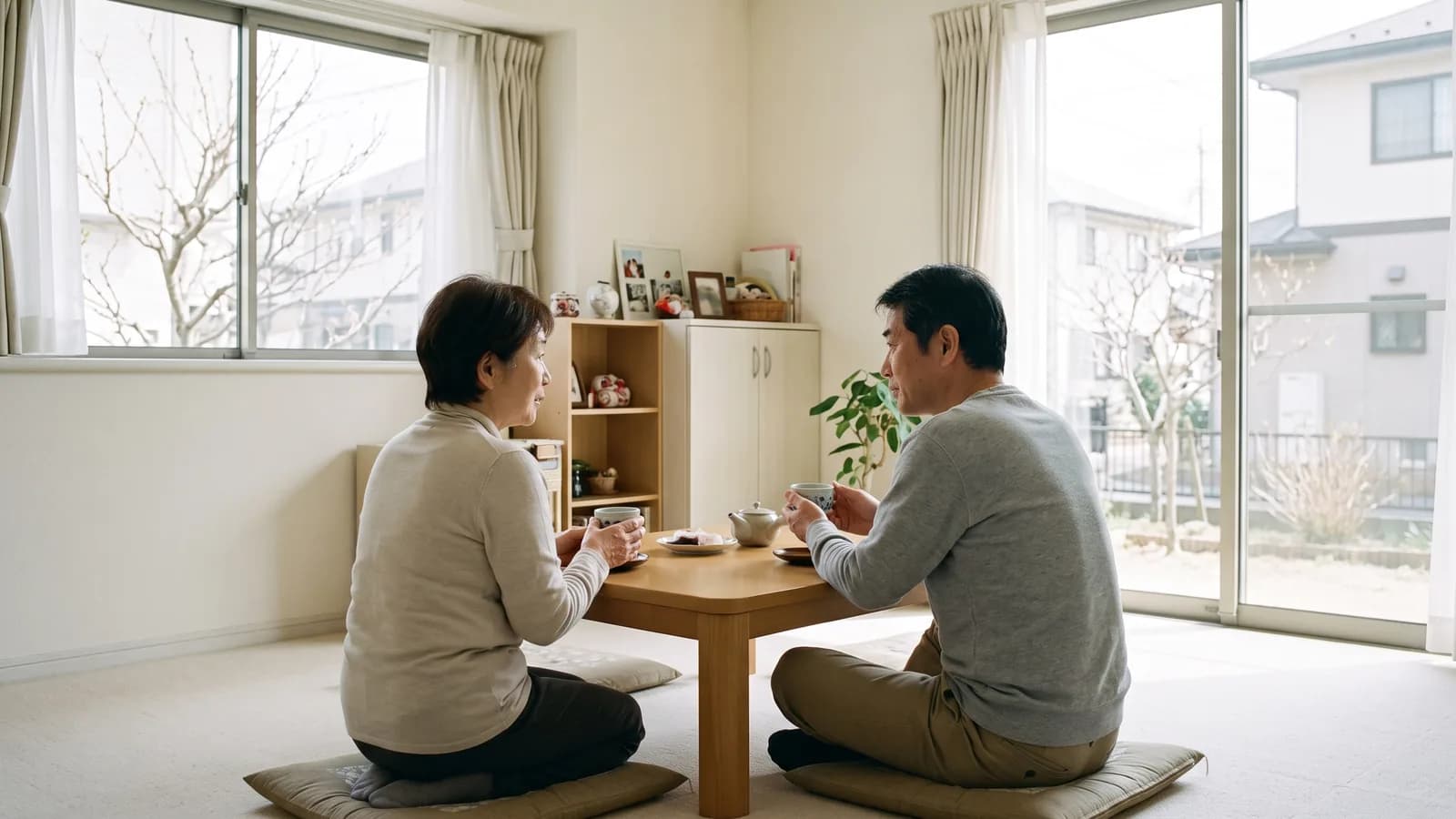 居間のテーブルに向かって座り、お茶の入った湯呑みを両手で包み込むように持ちながら話し合っている二人の手元と肩越しの後ろ姿