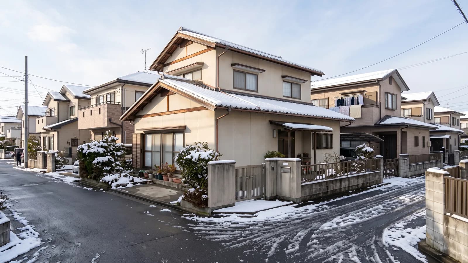 郊外の住宅地に建つ木造住宅と、周囲の道路や隣家の様子