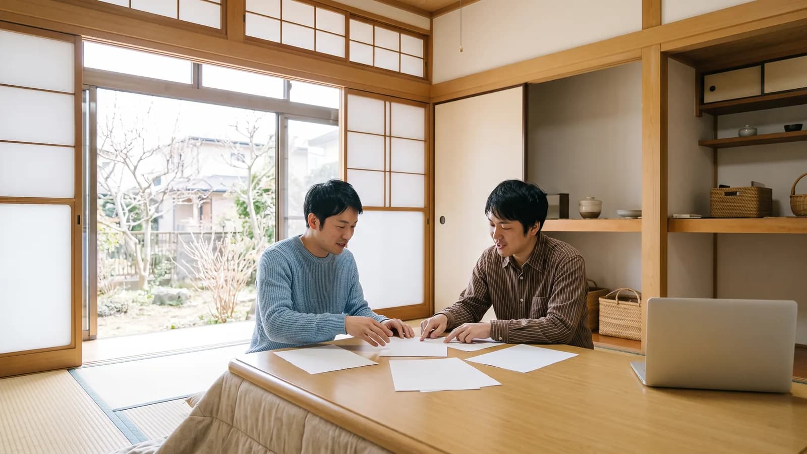 居間の座卓で、兄弟が手続きの書類を広げて順番を話し合っている様子