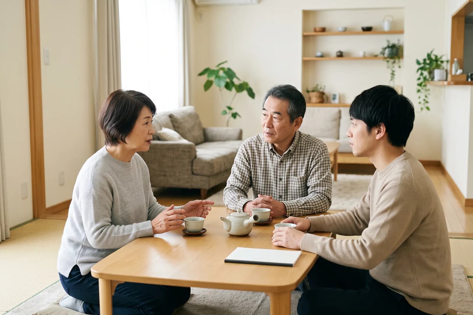 居間のテーブルで、家族が向かい合って話し合っている様子