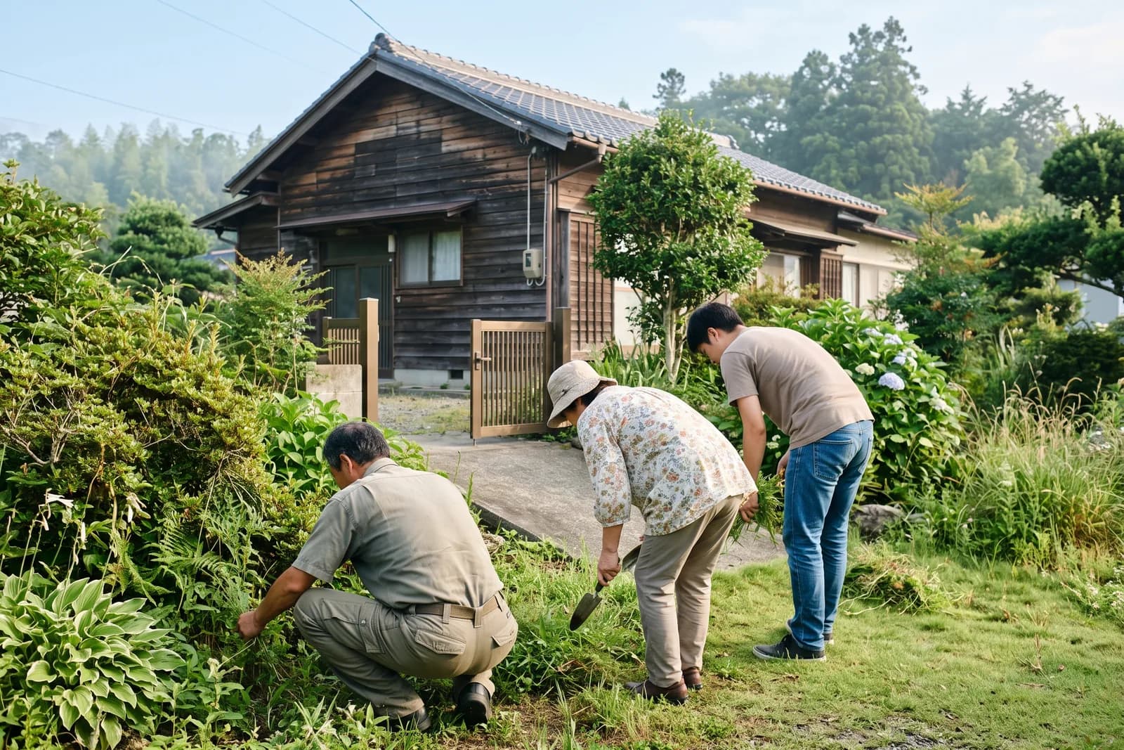 庭の草刈りをしている家族の後ろ姿と、木造住宅の外観