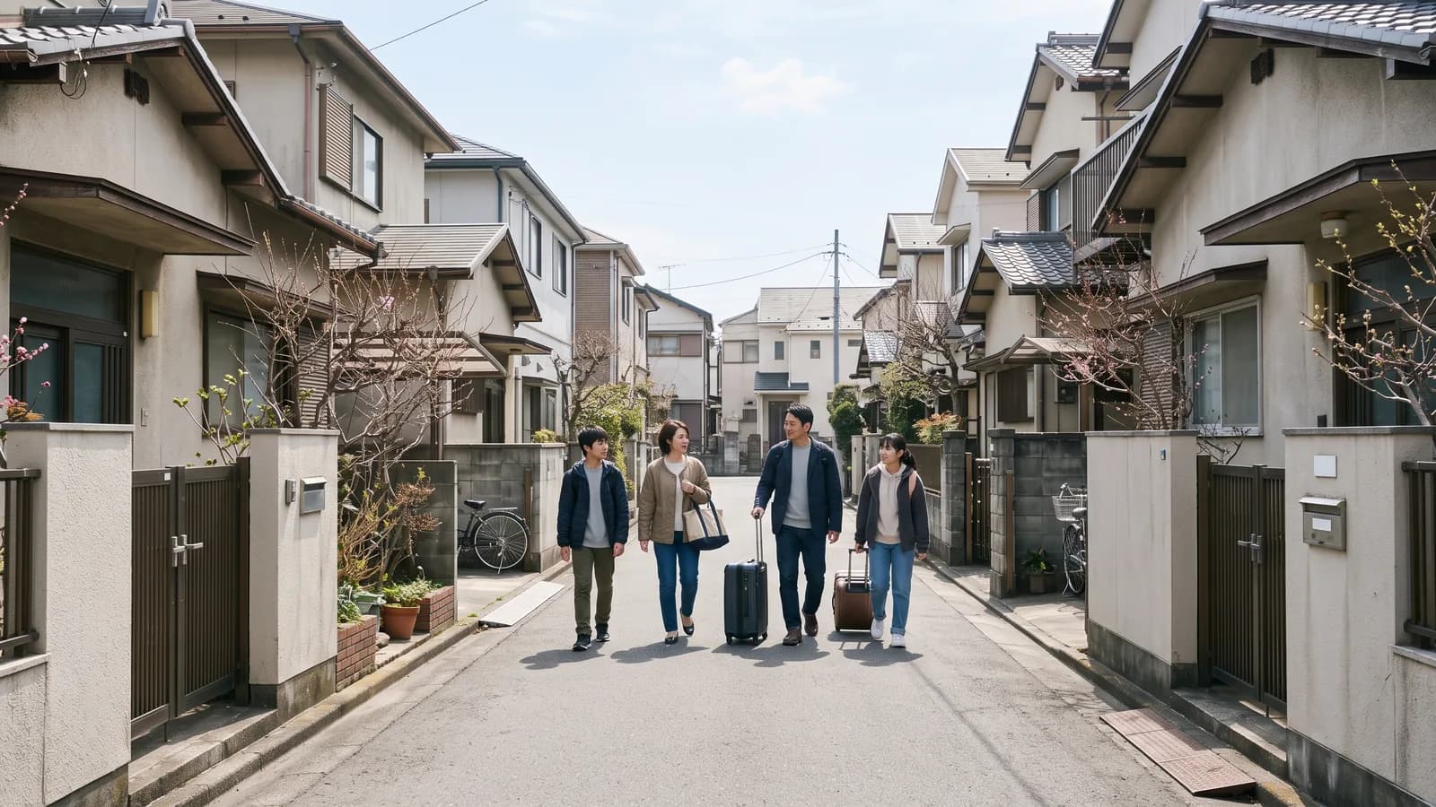 キャリーケースを引きながら住宅街の道を歩いて実家へ向かう家族