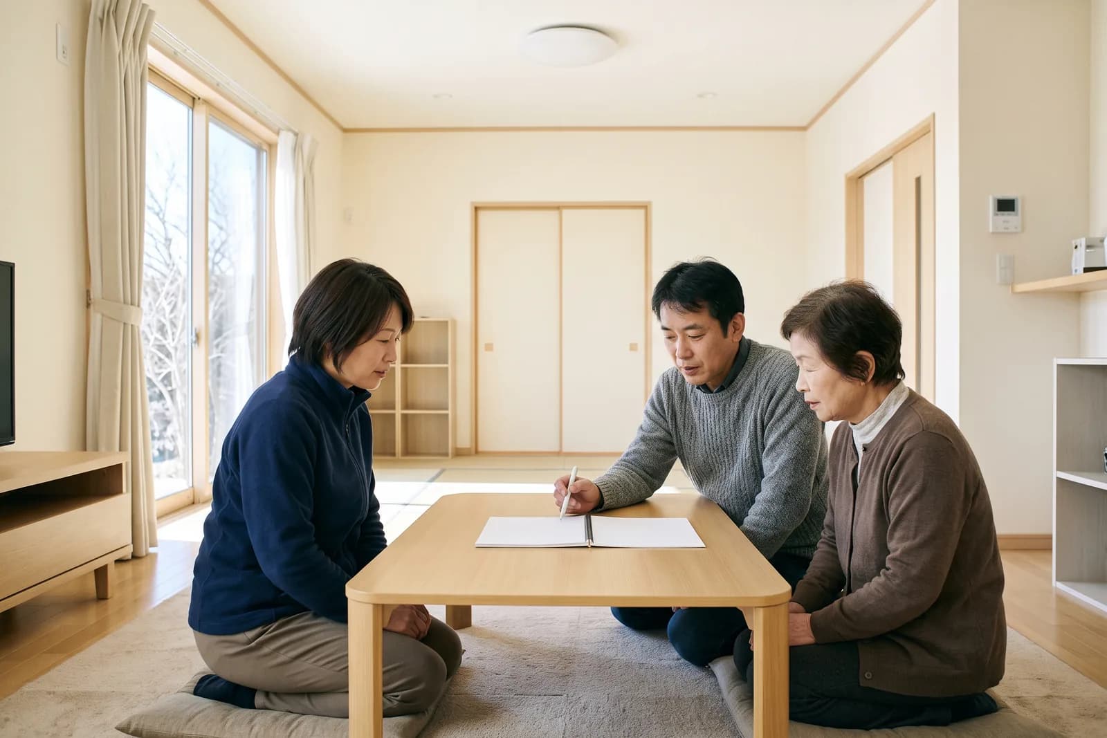 居間のテーブルで白紙のノートを広げて話し合う家族