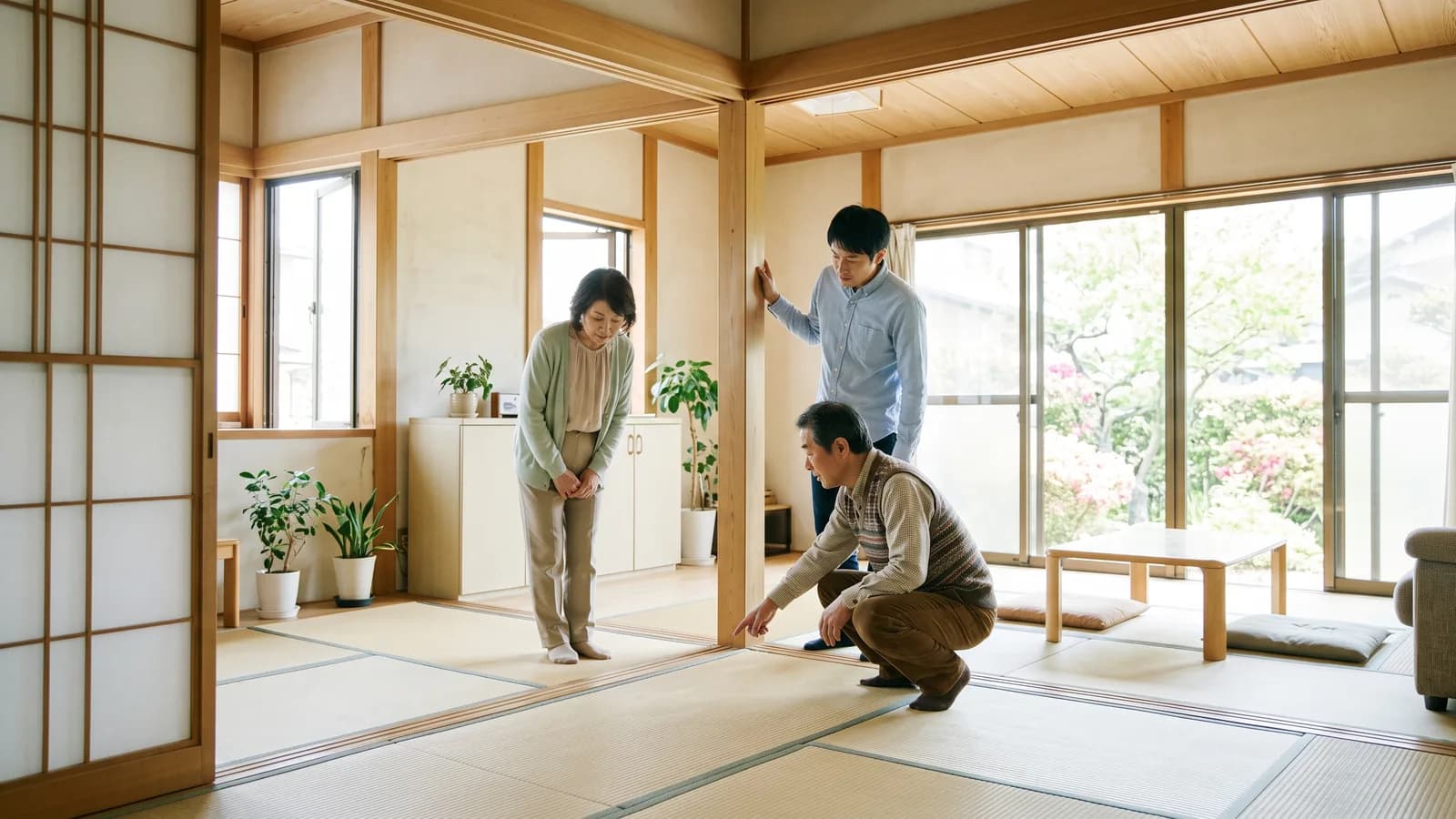 古い木造住宅の居間で、家族が建物の状態を確認している様子