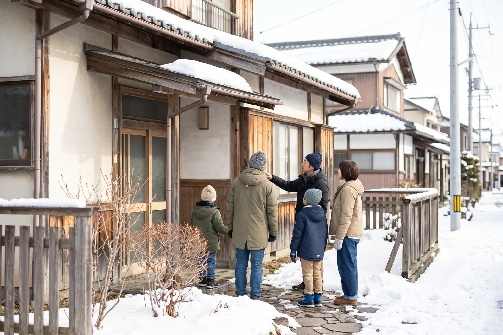 木造住宅の前に立つ家族が、建物の外観を見上げながら話し合っている様子