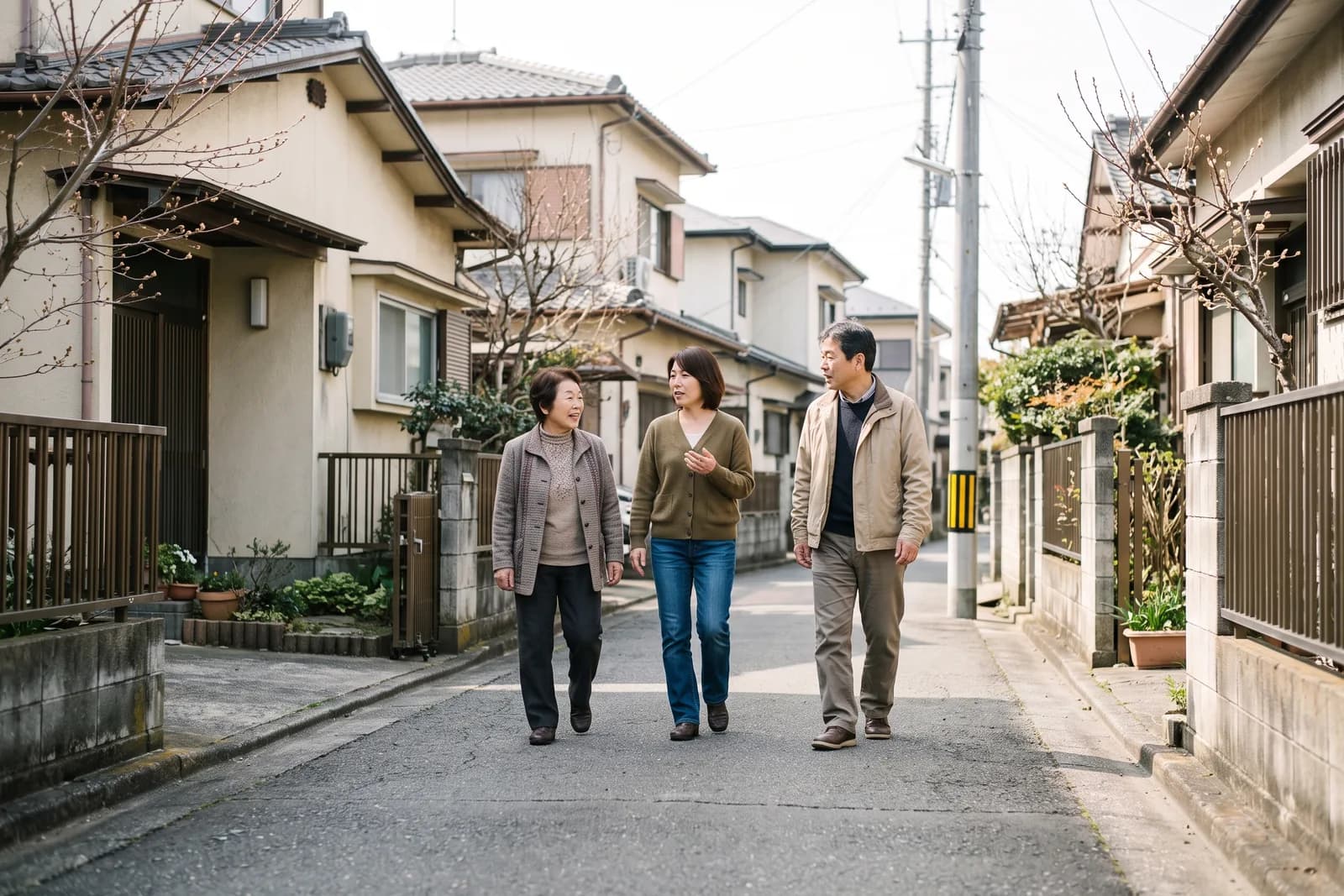 古い住宅街の道を、家族が並んで歩きながら話し合っている様子