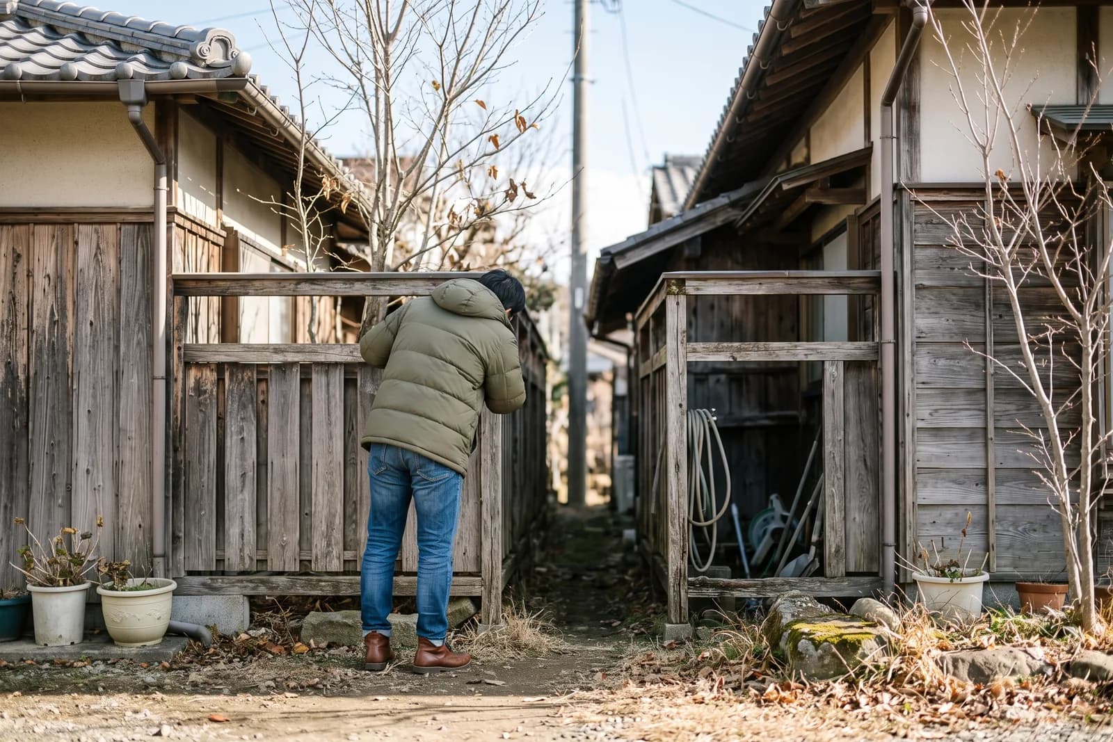 木造住宅と隣家の間の隙間を覗き込んでいる人の後ろ姿
