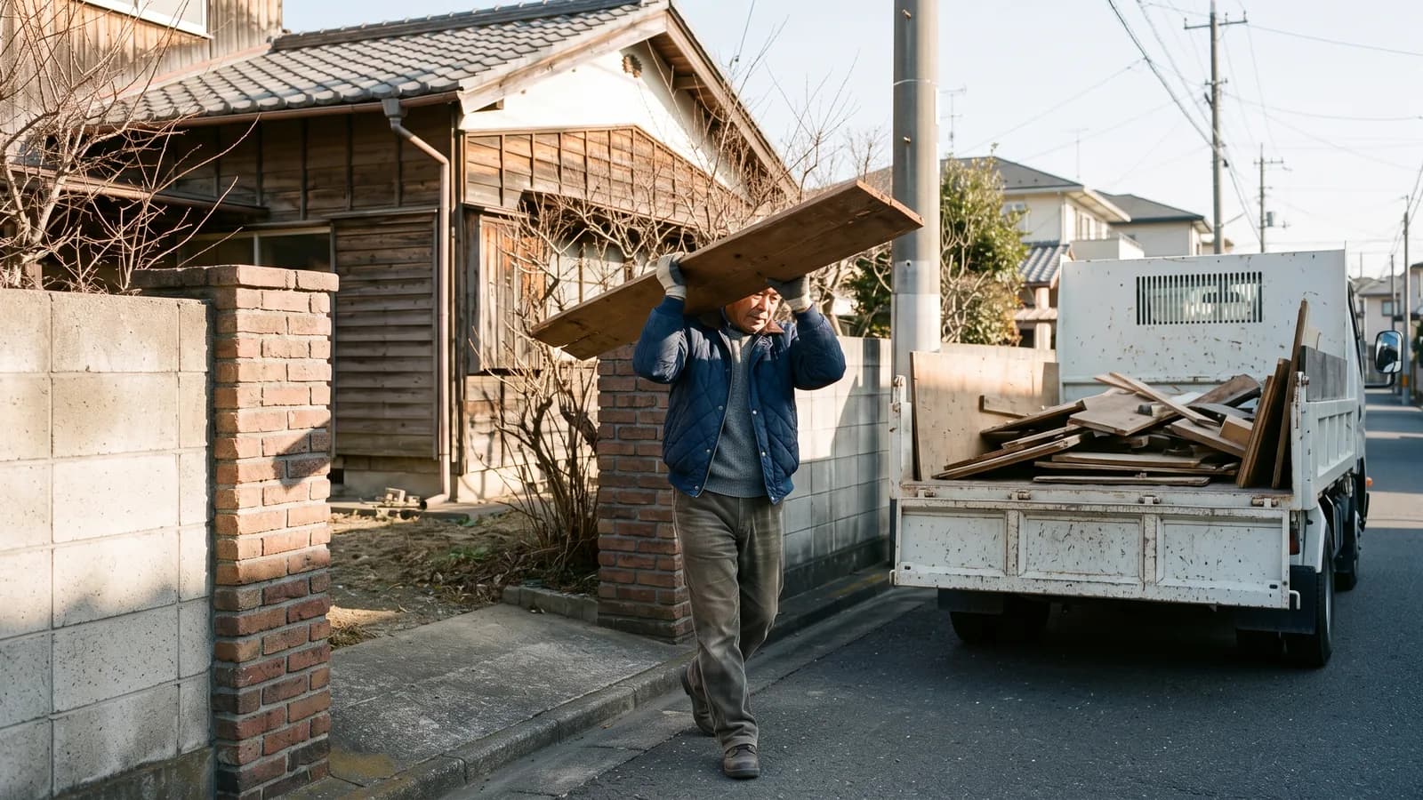 前面道路に停めたトラックへ、売主が廃材を運搬している