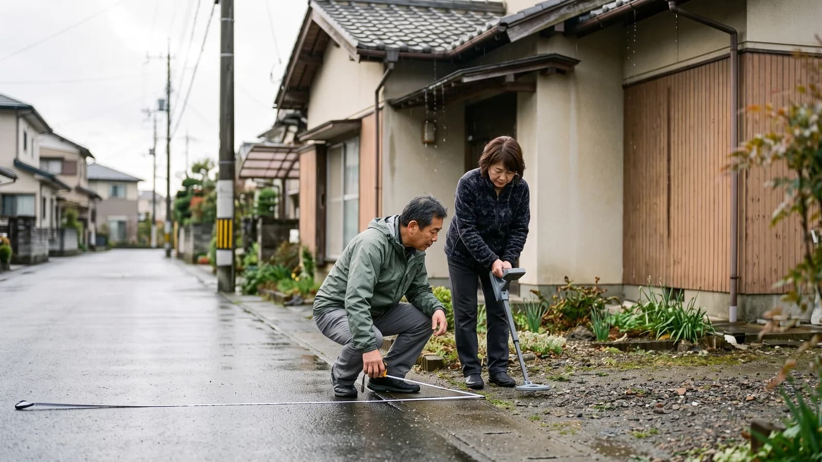 夫婦が家の外に立ち、前面道路の幅を測りながら地中埋設物がないか庭先を確認している場面