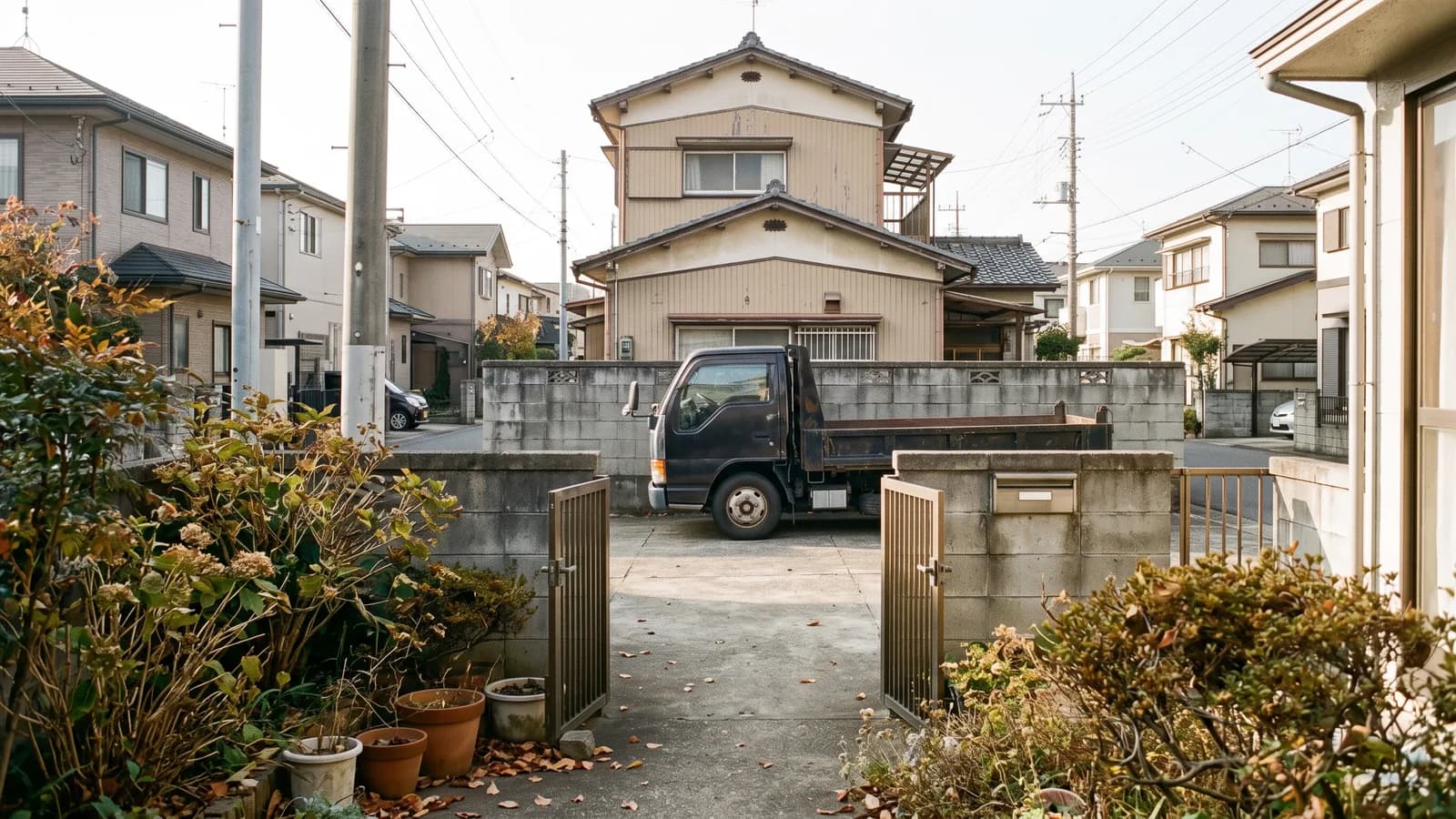 隣地との境界に建つブロック塀のそばにトラックが停まっている