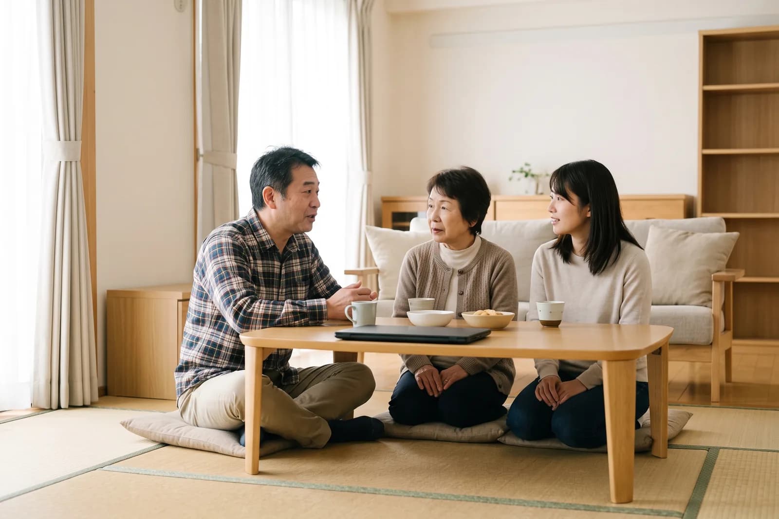 居間のテーブルで、家族が並んで座りながら話をしている様子