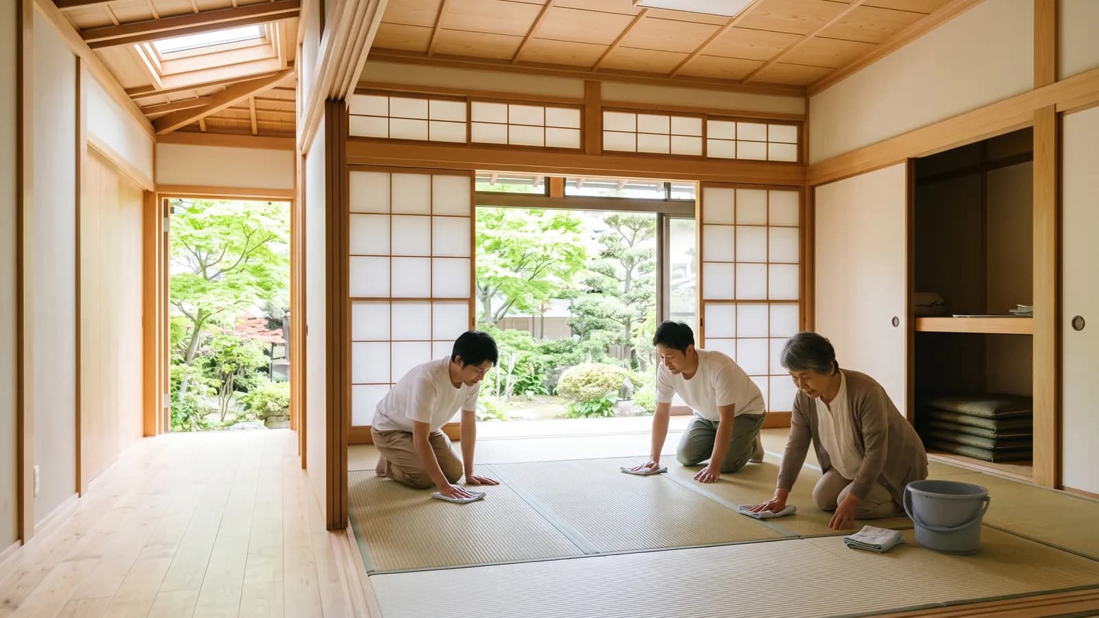 木造住宅の和室で、床の拭き掃除をしている家族の様子