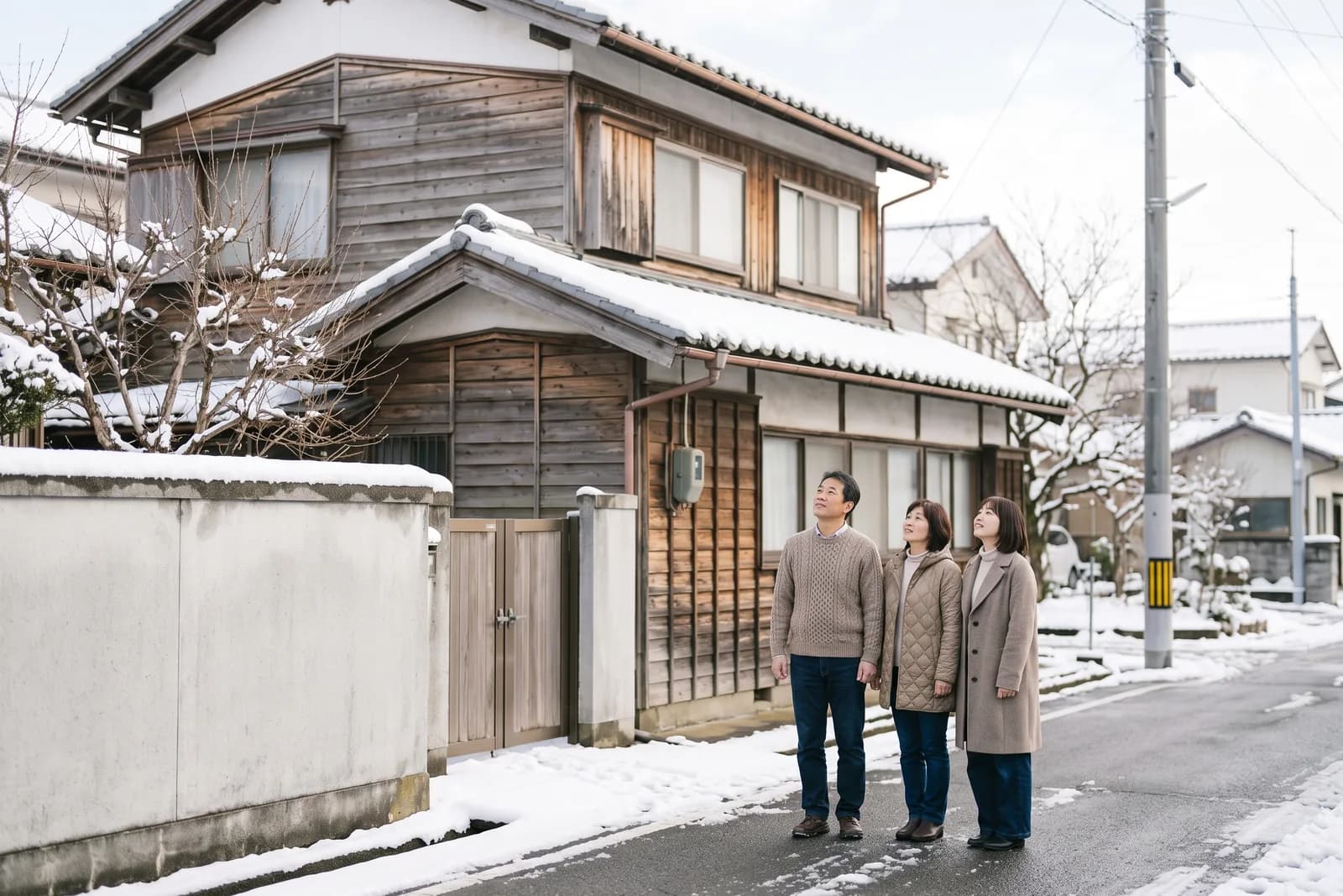家の前の道路に立ち、建物の外観を見上げている家族の様子