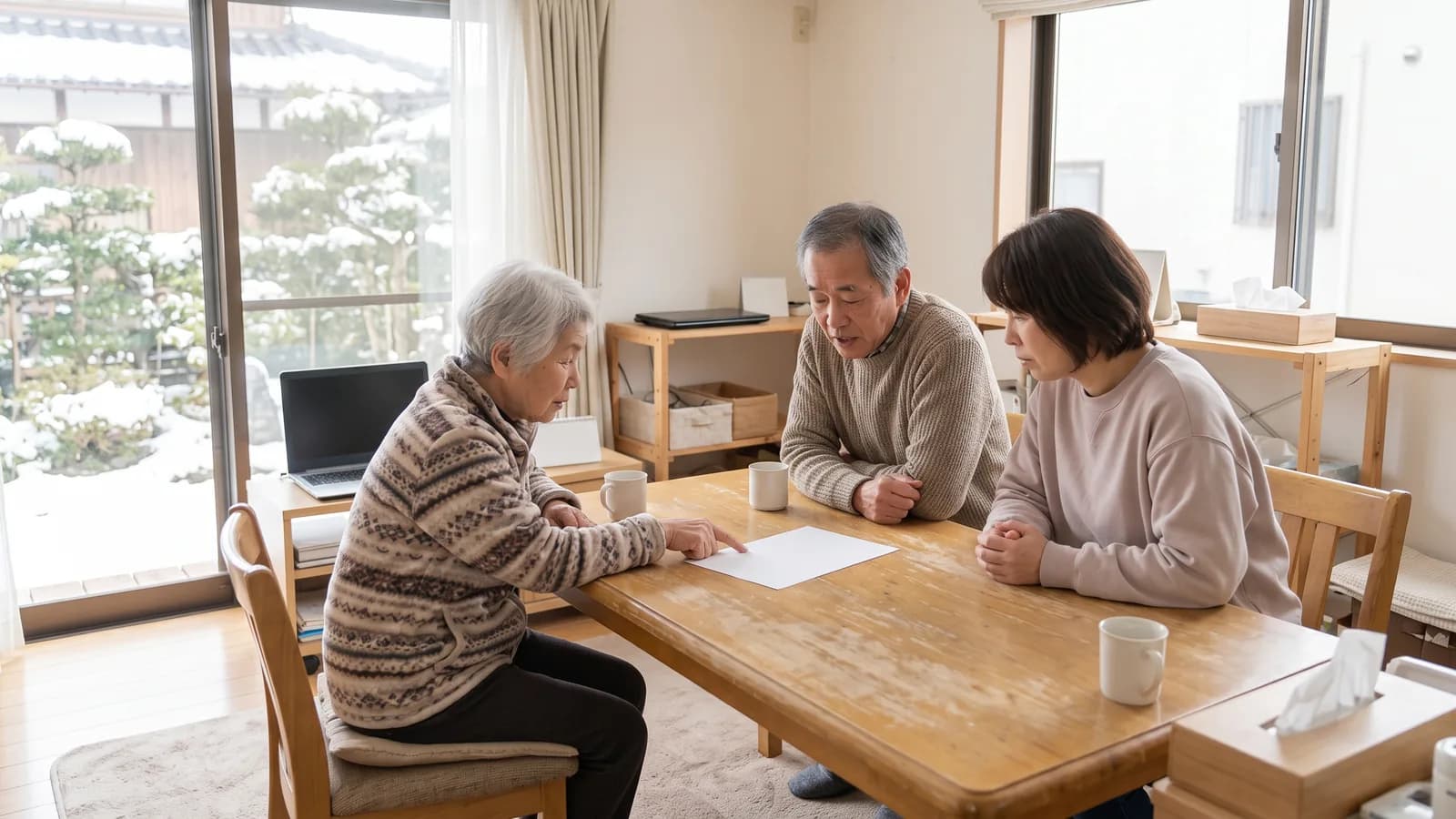 家族が実家の居間のテーブルに1枚の書類を置き、指をさしながら話し合っている様子