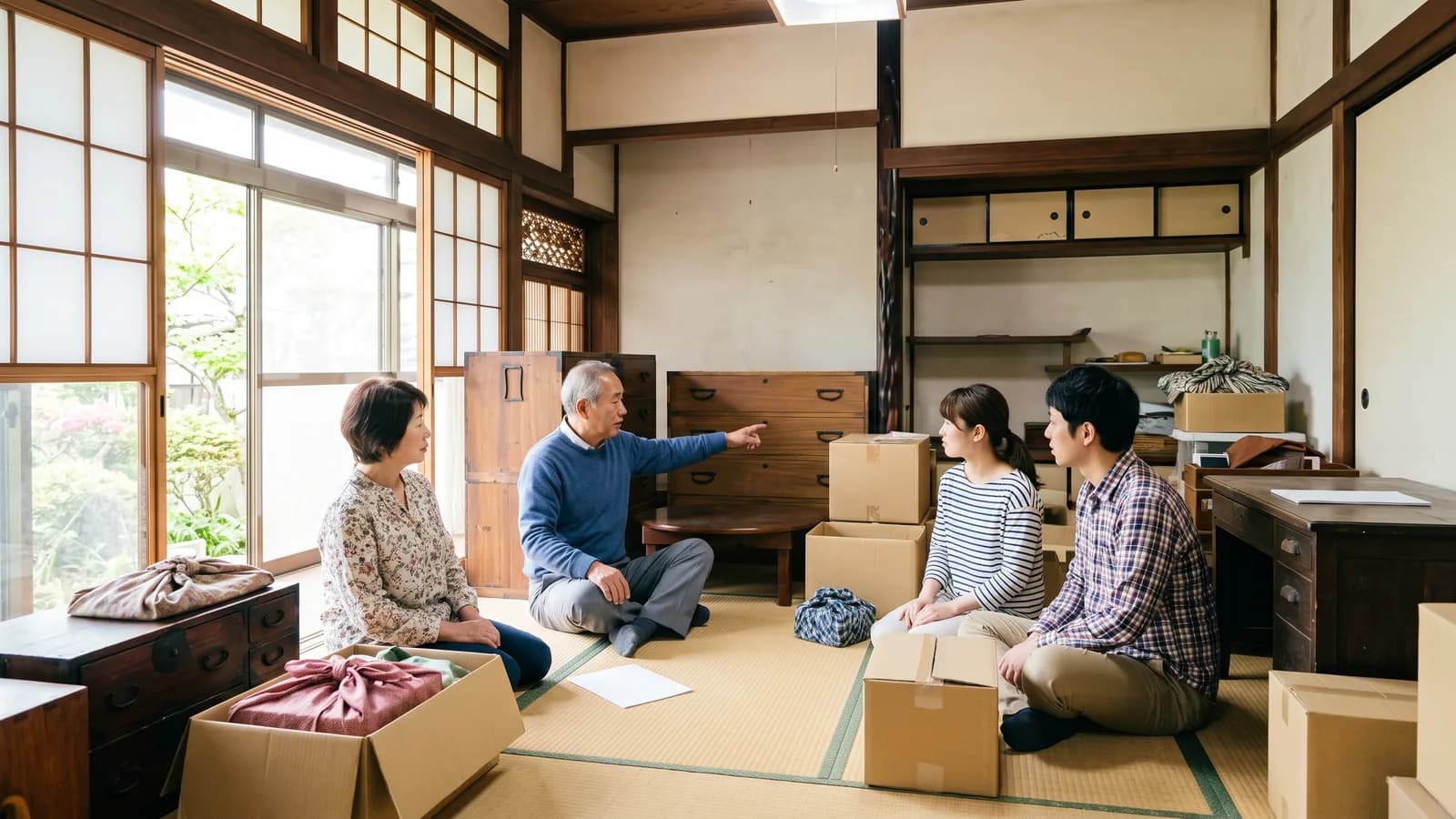 家族が古い家具が残る和室に集まり、部屋の中を見渡しながら片付けの相談をしている様子
