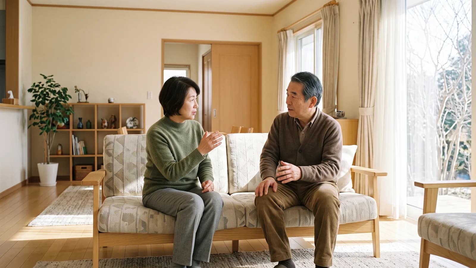居間のソファに座り、夫婦が身振り手振りを交えて話し合っている様子