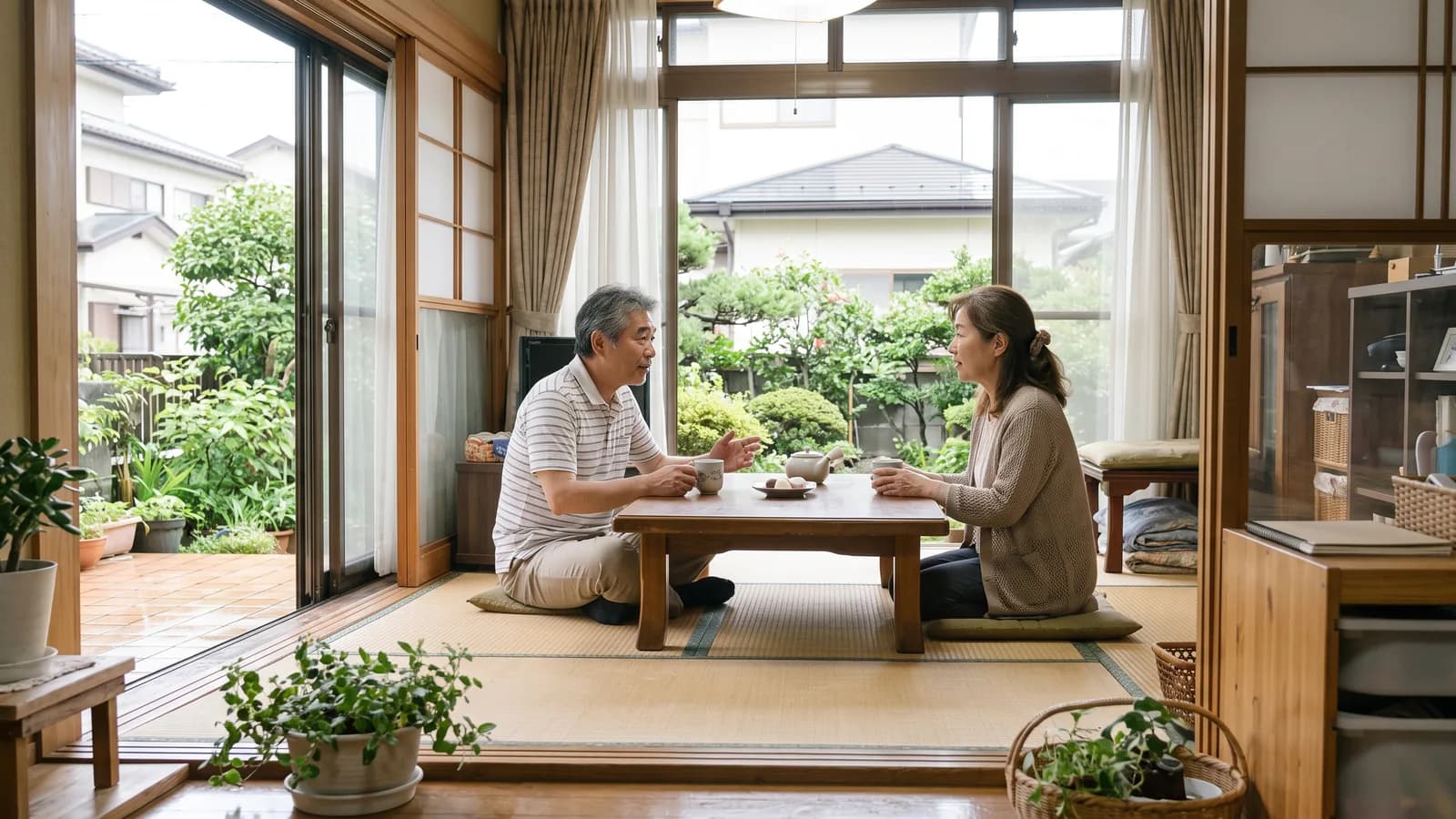 居間のテーブルで、夫婦がお茶を飲みながら話し合っている様子