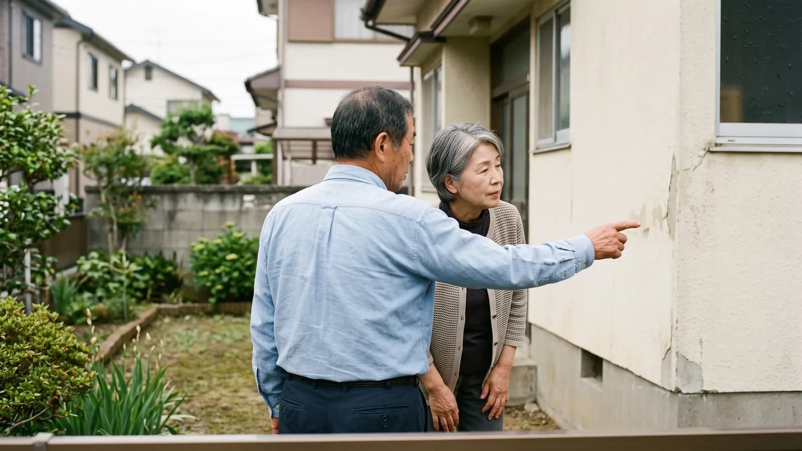 庭先で、夫婦が家の外壁を指差して確認している様子