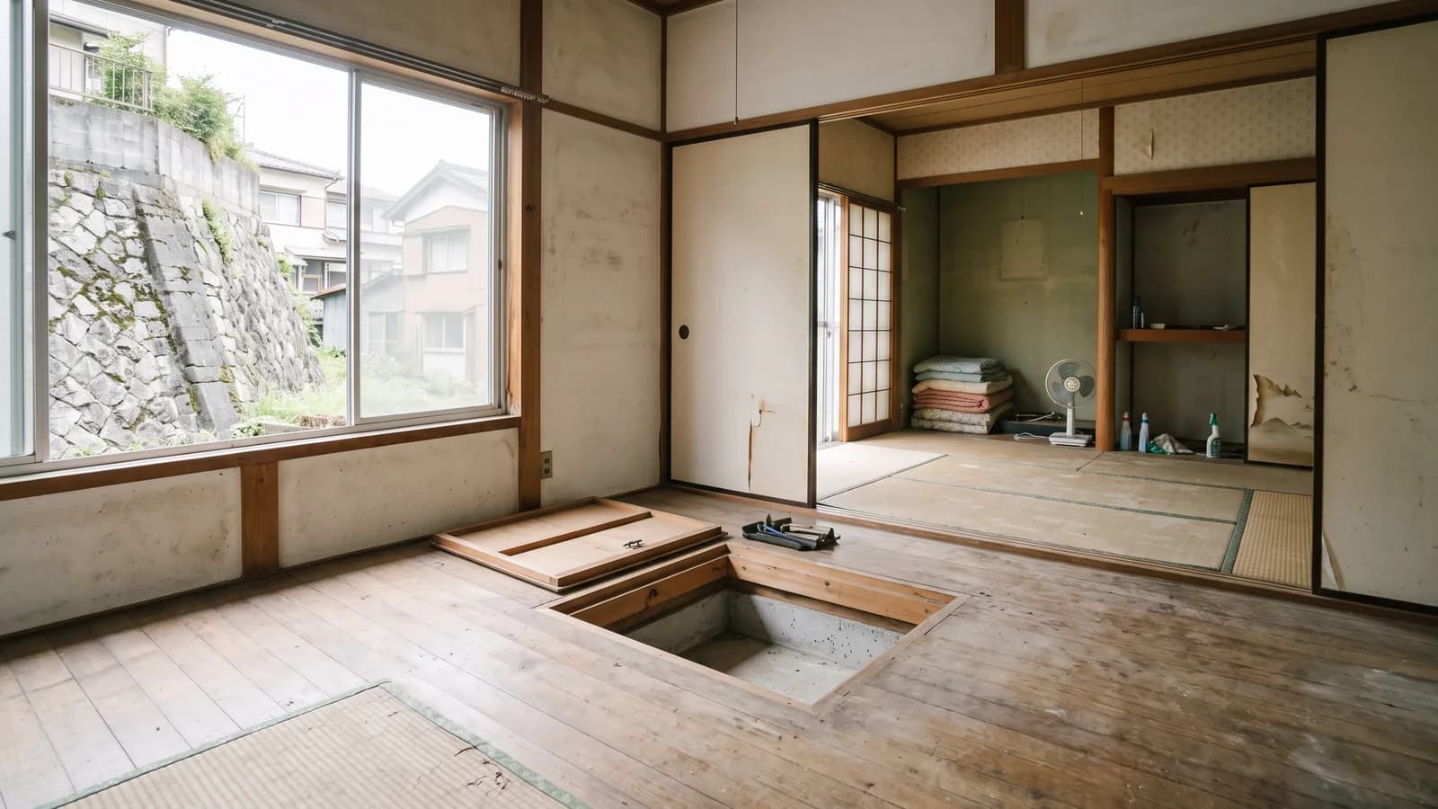 手壊しでの解体が必要になりそうな古い空き家の室内で、床下の点検口が開けられ、窓の外には古びた擁壁が見える風景