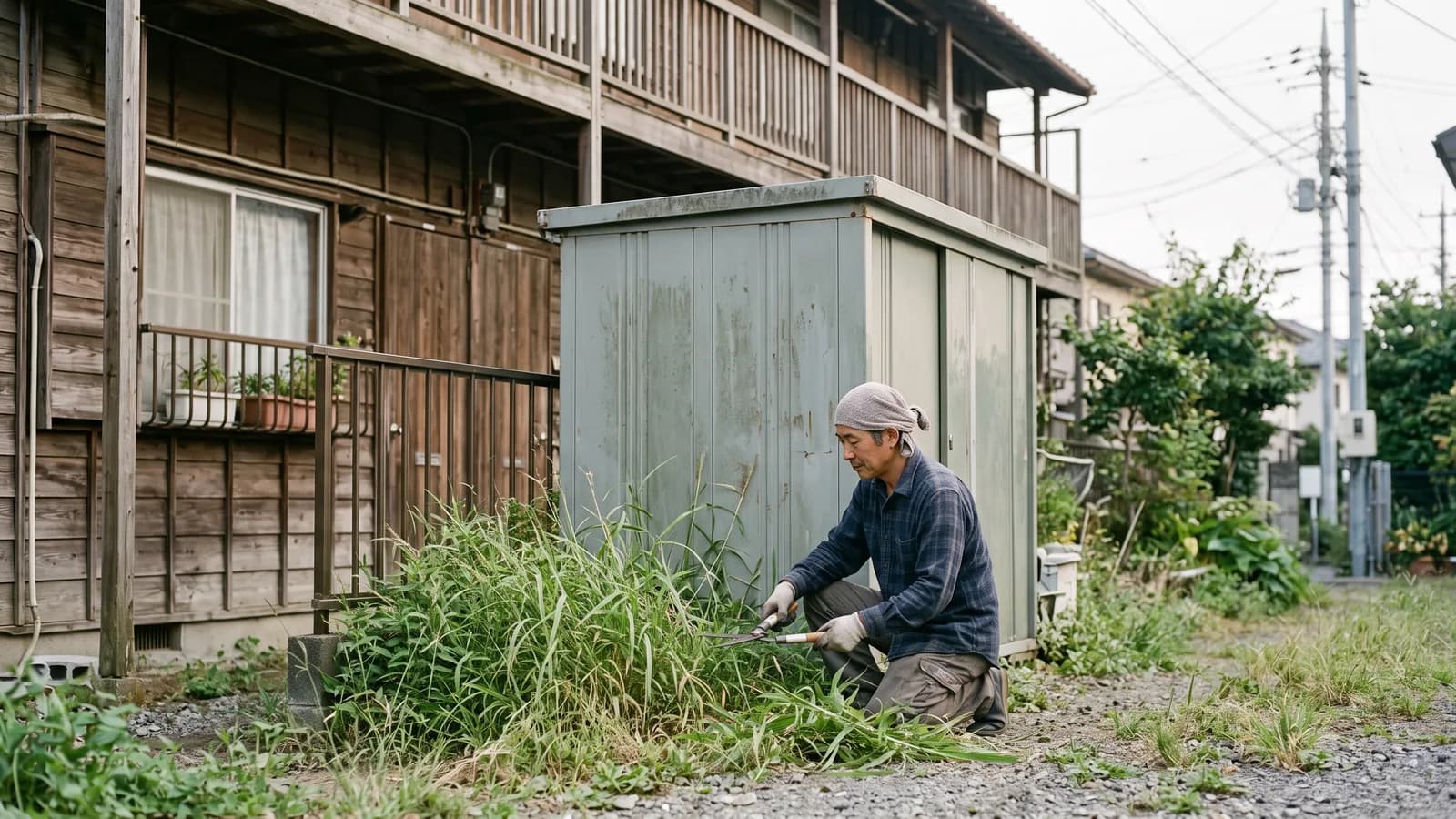 木造アパートの外に置かれた物置の前で、男性が伸びた雑草を刈っている