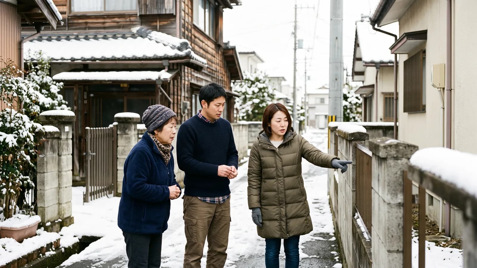 住宅街にある古い家の前で、家族が隣の家との距離や敷地の境界を指差しながら話し合っている様子