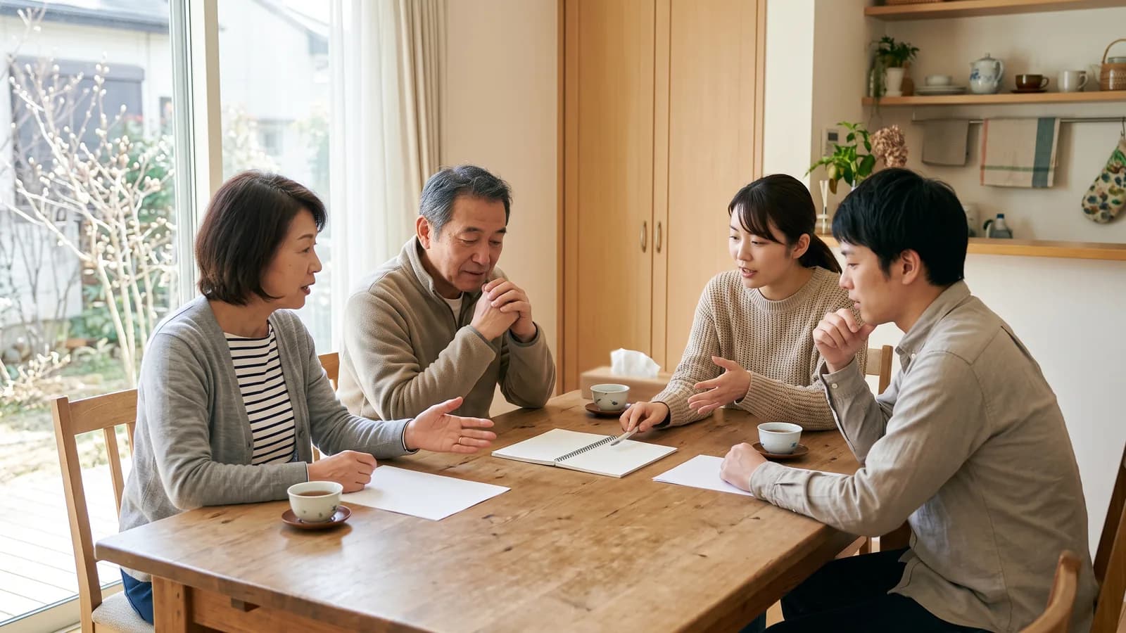 居間のテーブルを家族で囲み、家の片付けや解体の段取りについて身振り手振りを交えて相談している様子
