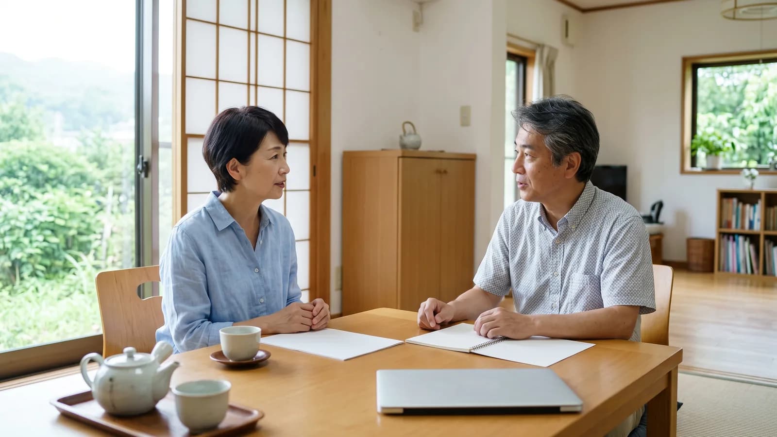 実家の居間で、夫婦が向かい合って座り、相続した家の売却について話し合っている様子