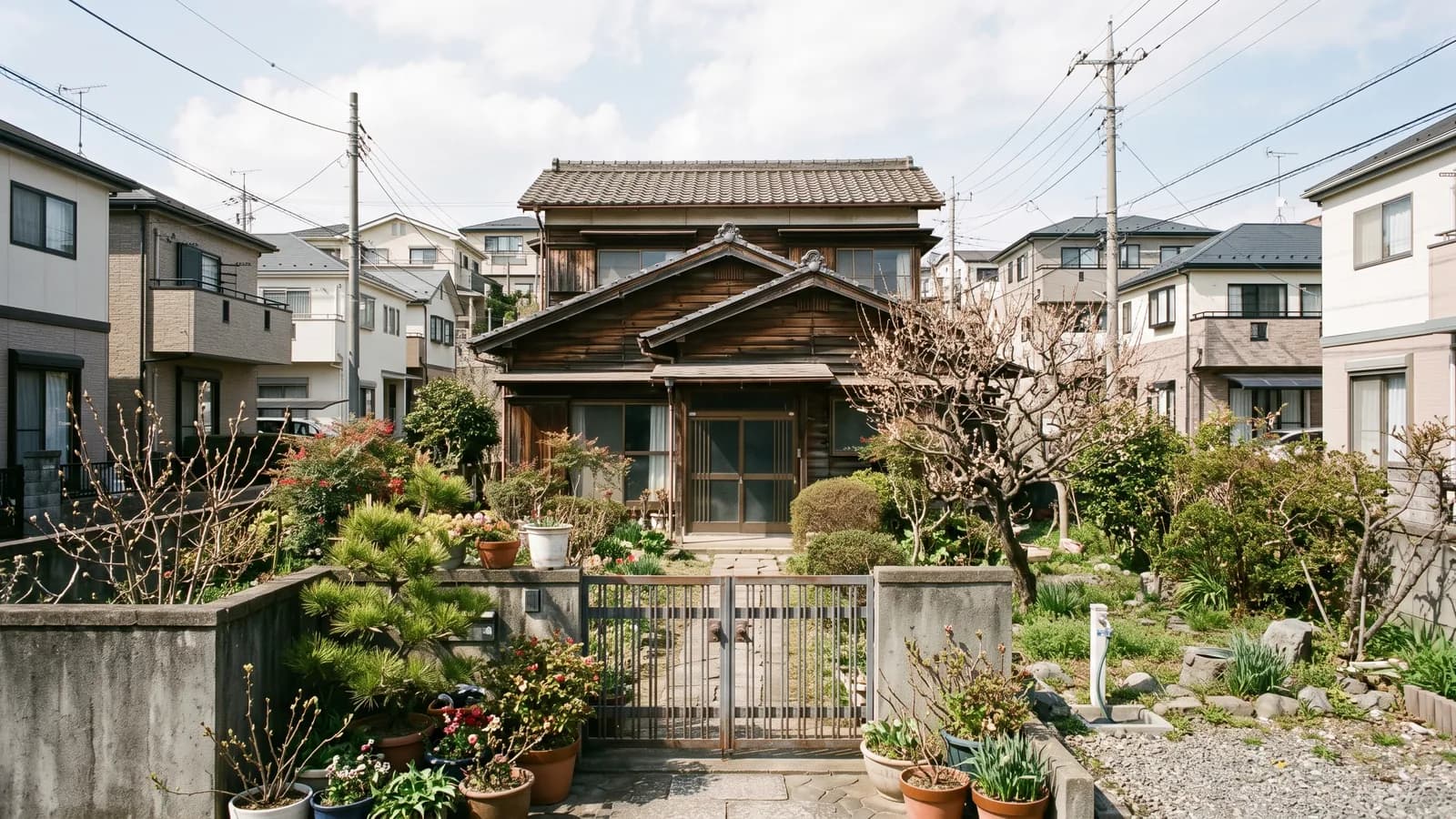 周囲に住宅が立ち並ぶ中にある、相続した古い木造の一軒家と庭の様子