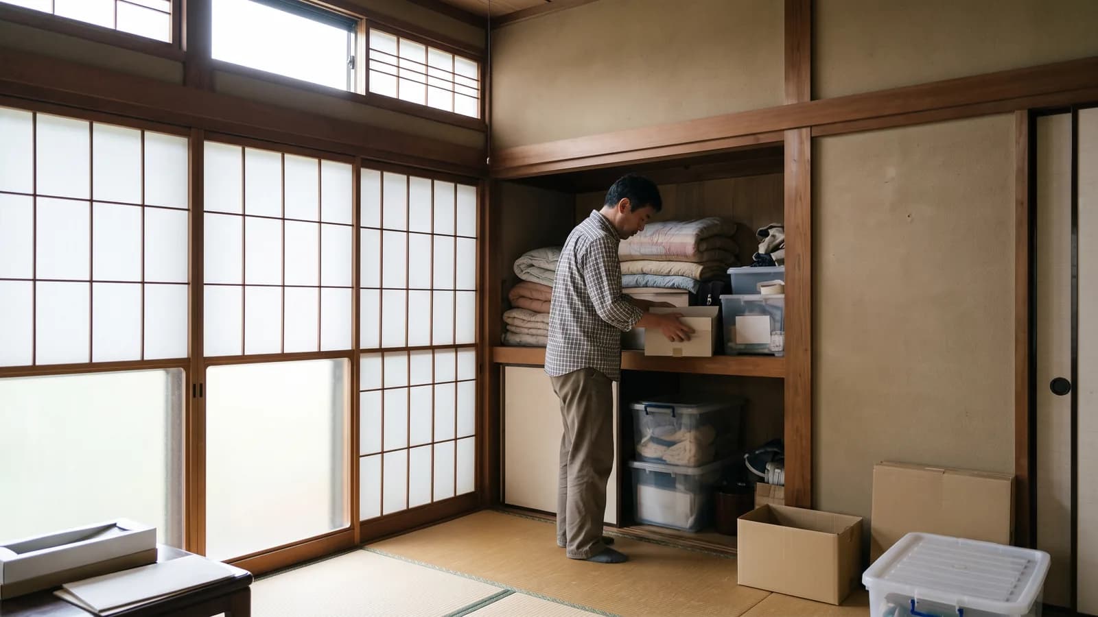 実家の和室で、男性が押し入れを開けて片付けをしている様子